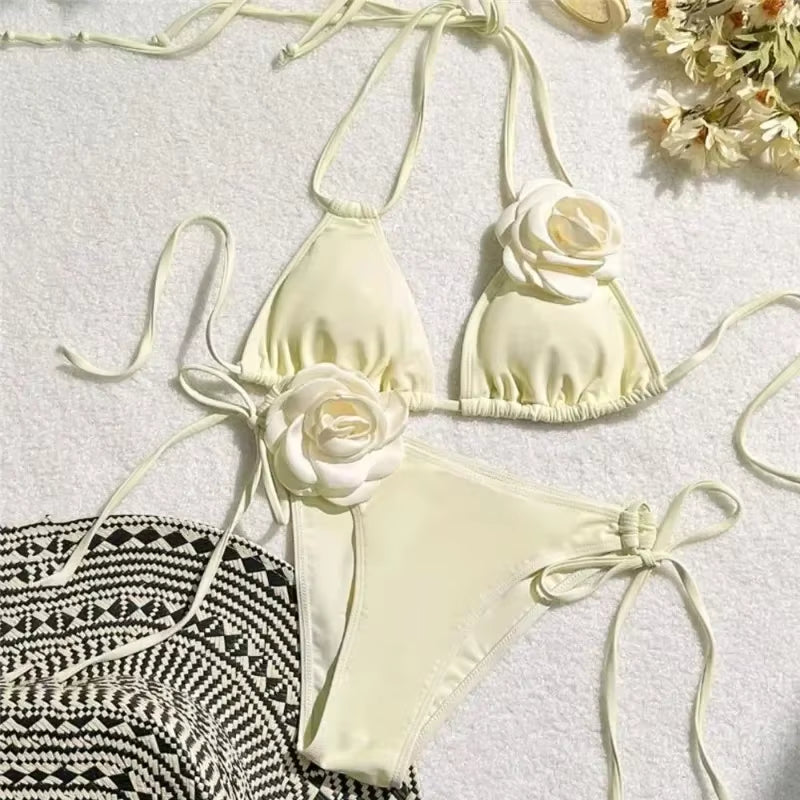 Sexy Flower Bandeau Swimwear Thong Bikini 2025 Women Lace-Up Swimsuits Swimming Bathing Suit Brazilian Bikinis Set Mujer Biquini