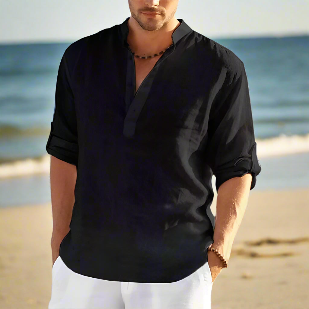 Cotton Linen Hot Sale Men Short-Sleeved Shirts Summer Solid Color Stand-Up Collar Casual Beach Style plus Size