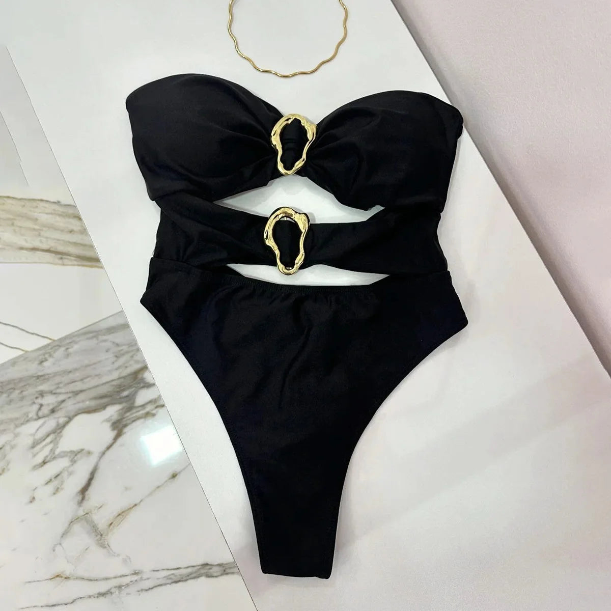 Metal Ring Cut-Out One-Piece Swimsuit