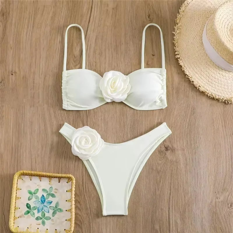 Sexy Flower Bandeau Swimwear Thong Bikini 2025 Women Lace-Up Swimsuits Swimming Bathing Suit Brazilian Bikinis Set Mujer Biquini