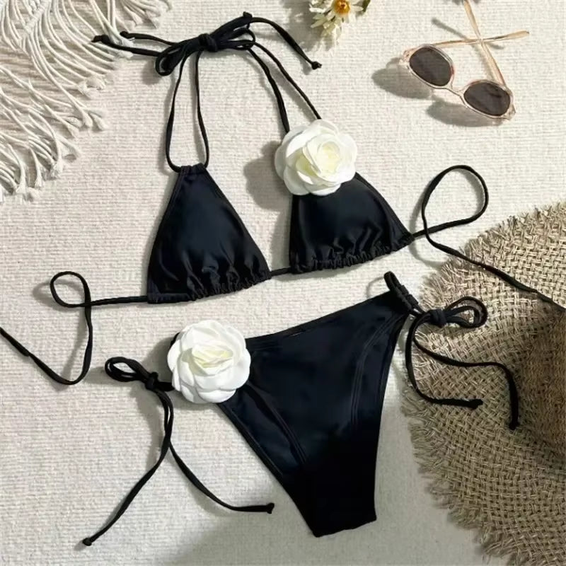 Sexy Flower Bandeau Swimwear Thong Bikini 2025 Women Lace-Up Swimsuits Swimming Bathing Suit Brazilian Bikinis Set Mujer Biquini