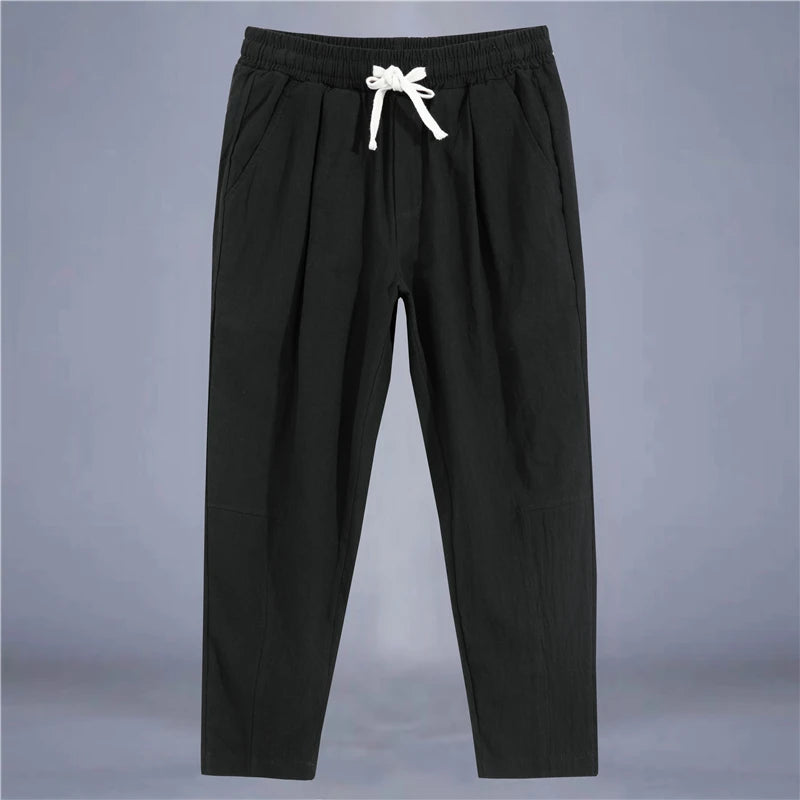 Men'S Trousers Cotton Linen Fashion Casual Pants Solid Color Breathable Loose Shorts Straight Drawstring Pants Streetwear Men