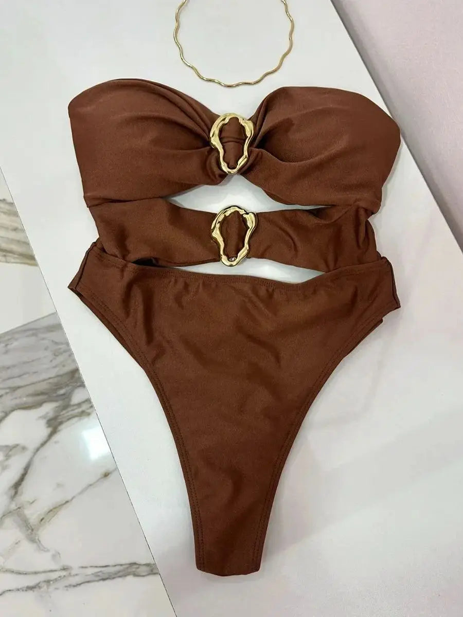 Metal Ring Cut-Out One-Piece Swimsuit