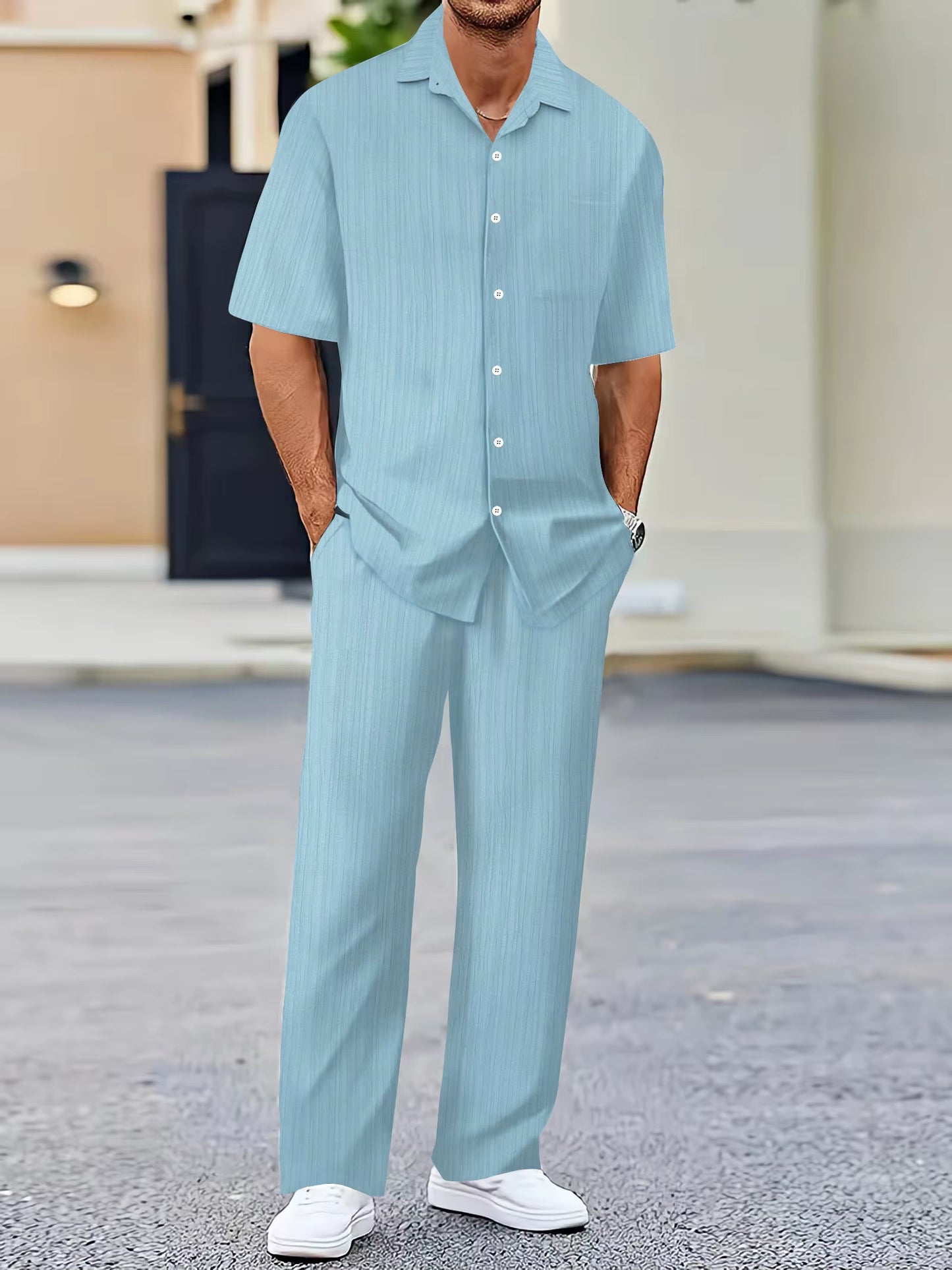 European and American Men'S Shirt Set Solid Color Vertical Strip Lapel Short-Sleeved Casual Pants Home Daily Beach Set