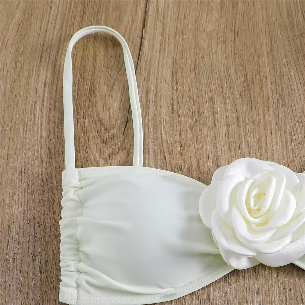 Sexy Flower Bandeau Swimwear Thong Bikini 2025 Women Lace-Up Swimsuits Swimming Bathing Suit Brazilian Bikinis Set Mujer Biquini