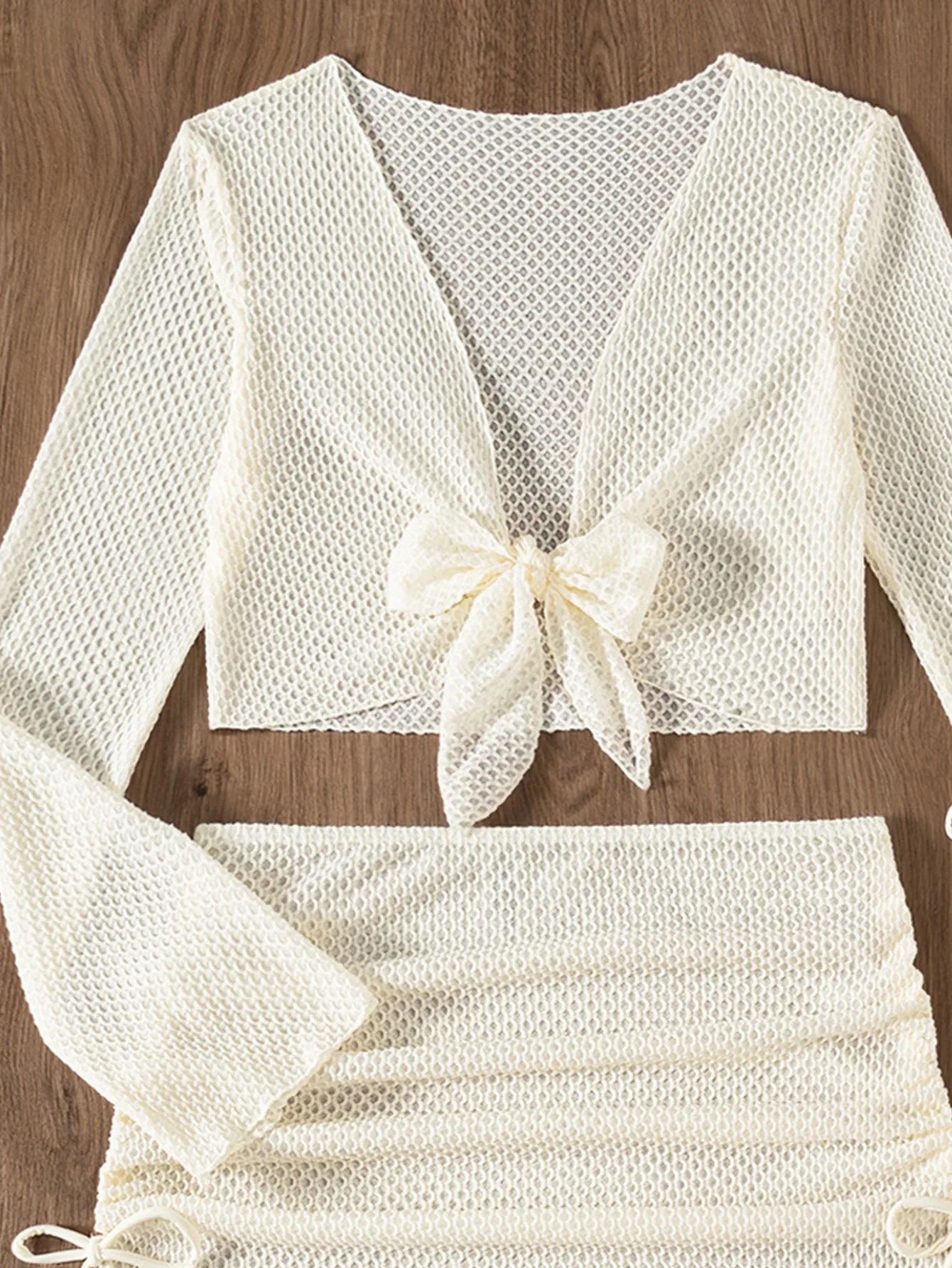 White Mesh 4-Piece Bikini Set – Long Sleeve Cover-Up, Skirt