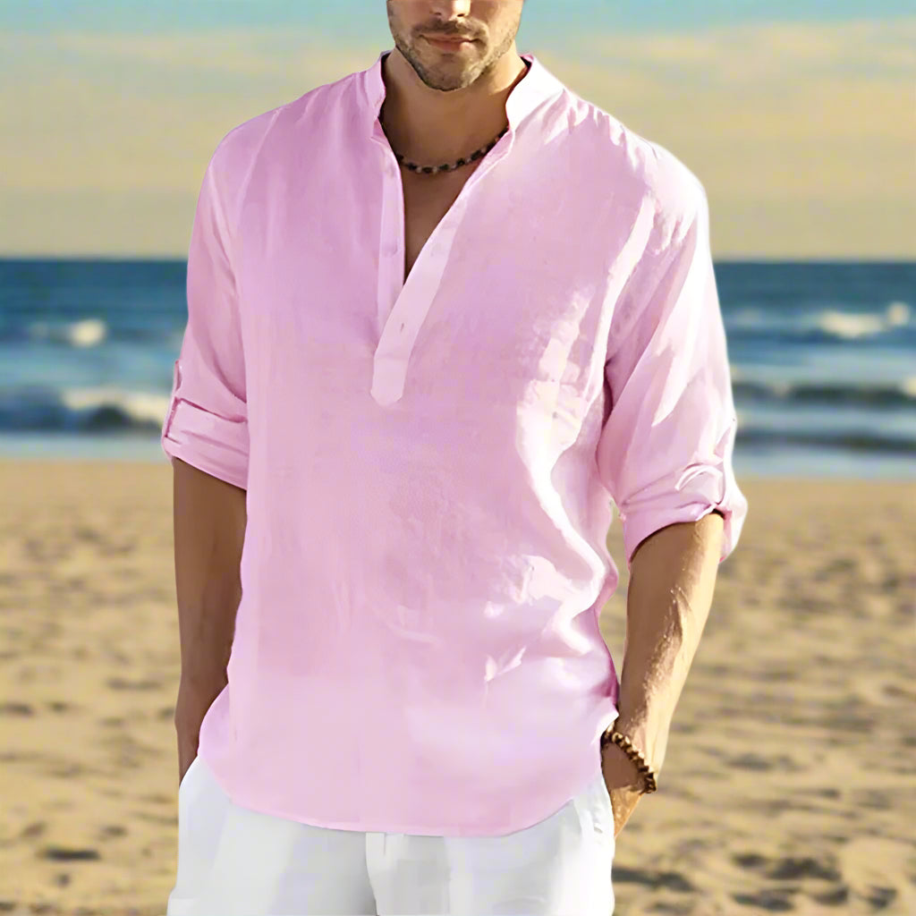 Cotton Linen Hot Sale Men Short-Sleeved Shirts Summer Solid Color Stand-Up Collar Casual Beach Style plus Size