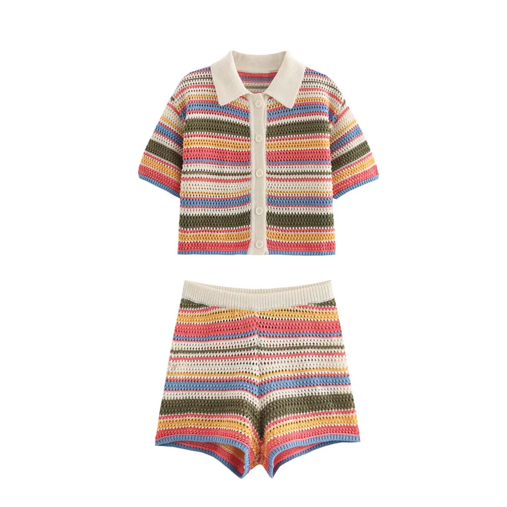 Casual Stripe Printed Two-Piece Set – Women's Short Sleeve Cardigan & Shorts