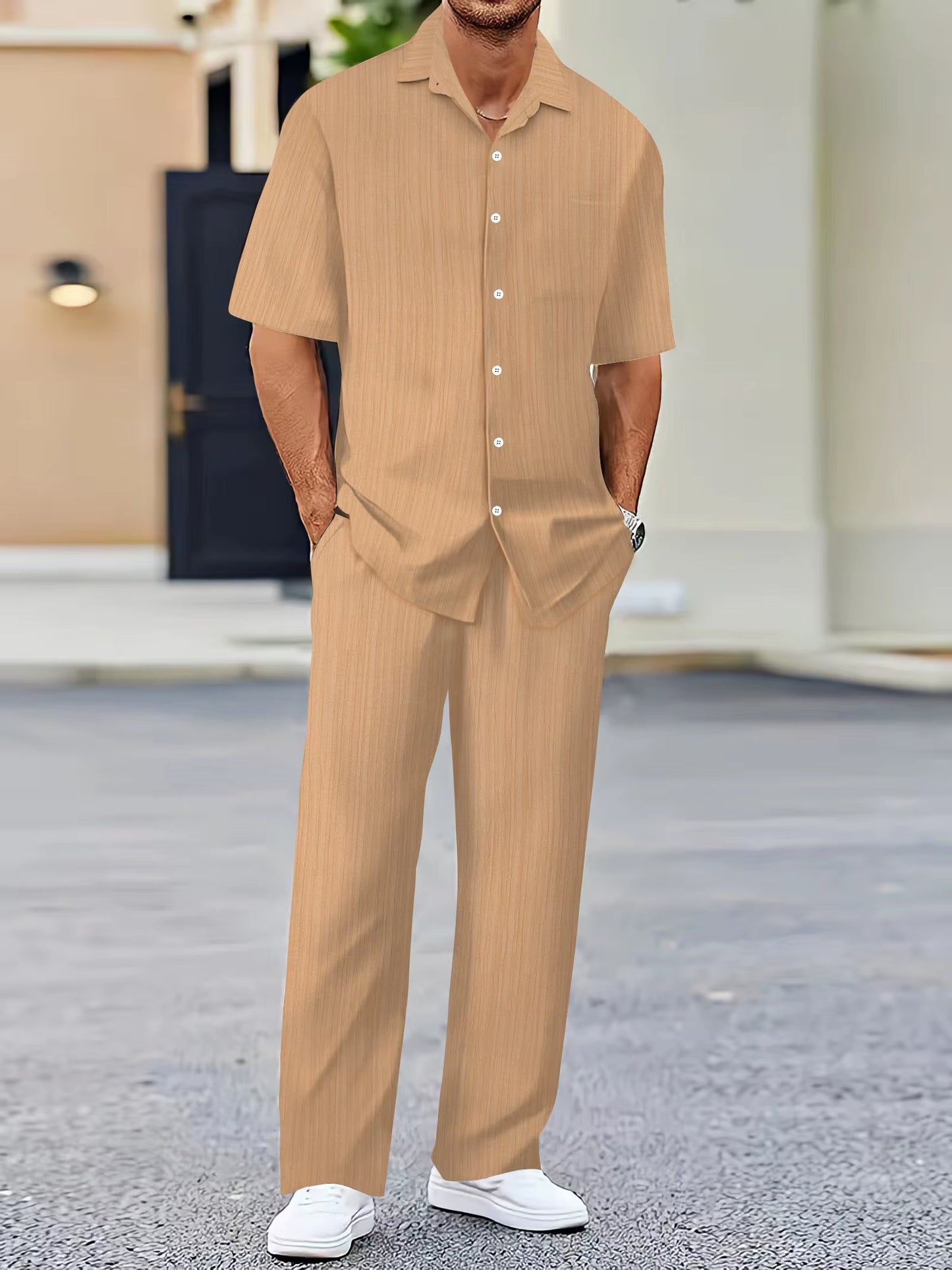 European and American Men'S Shirt Set Solid Color Vertical Strip Lapel Short-Sleeved Casual Pants Home Daily Beach Set