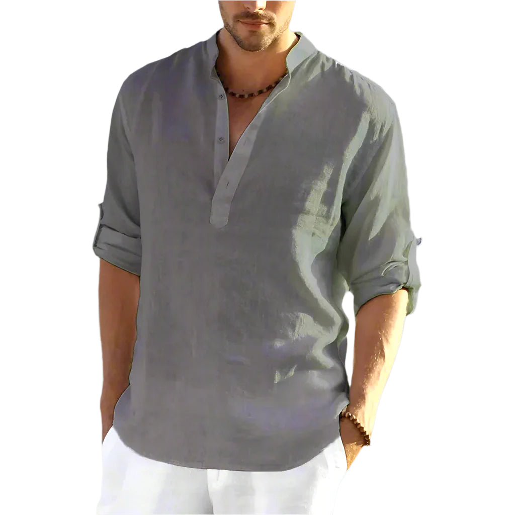 Cotton Linen Hot Sale Men Short-Sleeved Shirts Summer Solid Color Stand-Up Collar Casual Beach Style plus Size