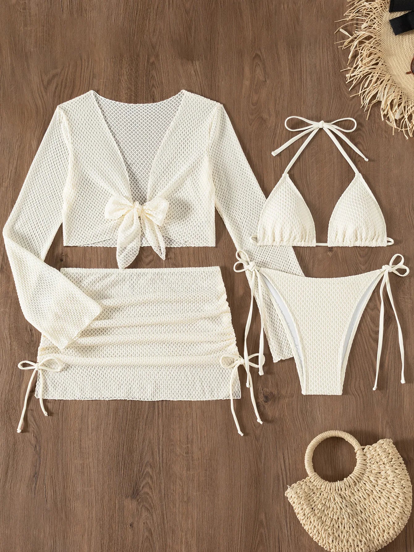 White Mesh 4-Piece Bikini Set – Long Sleeve Cover-Up, Skirt