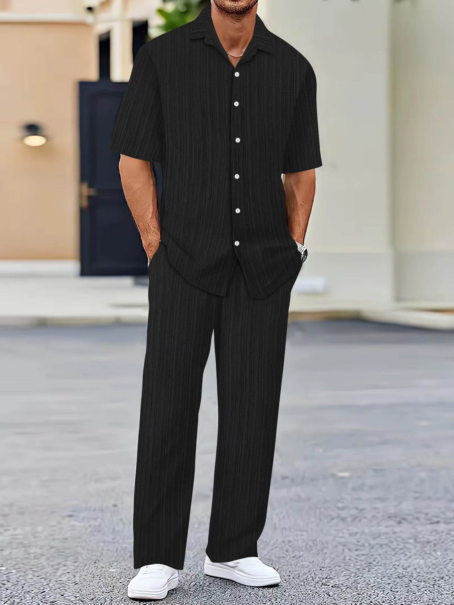European and American Men'S Shirt Set Solid Color Vertical Strip Lapel Short-Sleeved Casual Pants Home Daily Beach Set