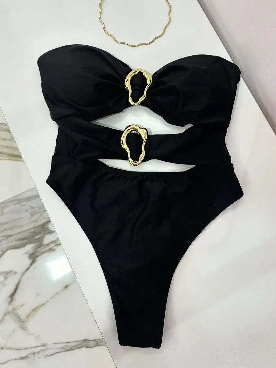 Metal Ring Cut-Out One-Piece Swimsuit