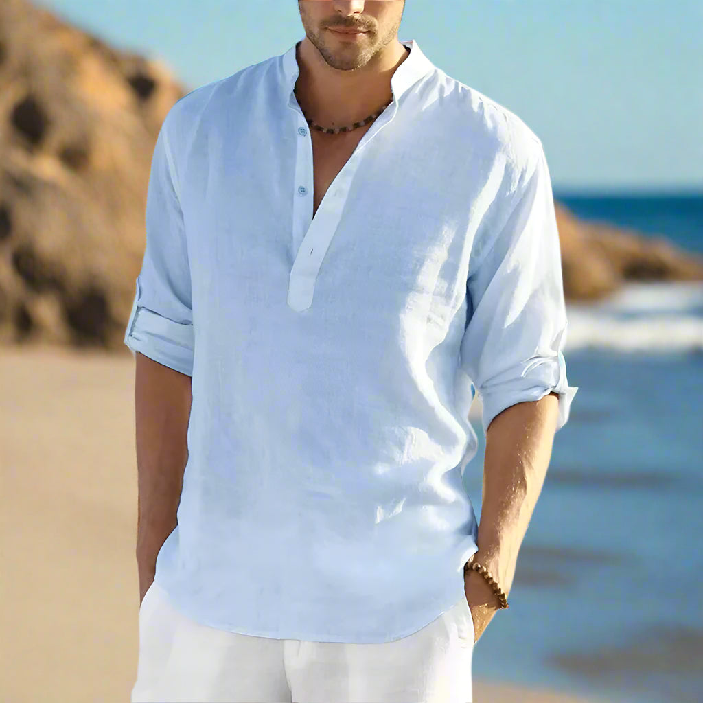 Cotton Linen Hot Sale Men Short-Sleeved Shirts Summer Solid Color Stand-Up Collar Casual Beach Style plus Size