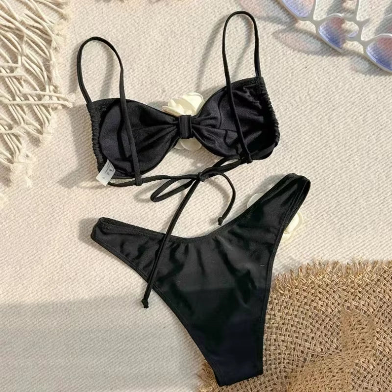 Sexy Flower Bandeau Swimwear Thong Bikini 2025 Women Lace-Up Swimsuits Swimming Bathing Suit Brazilian Bikinis Set Mujer Biquini