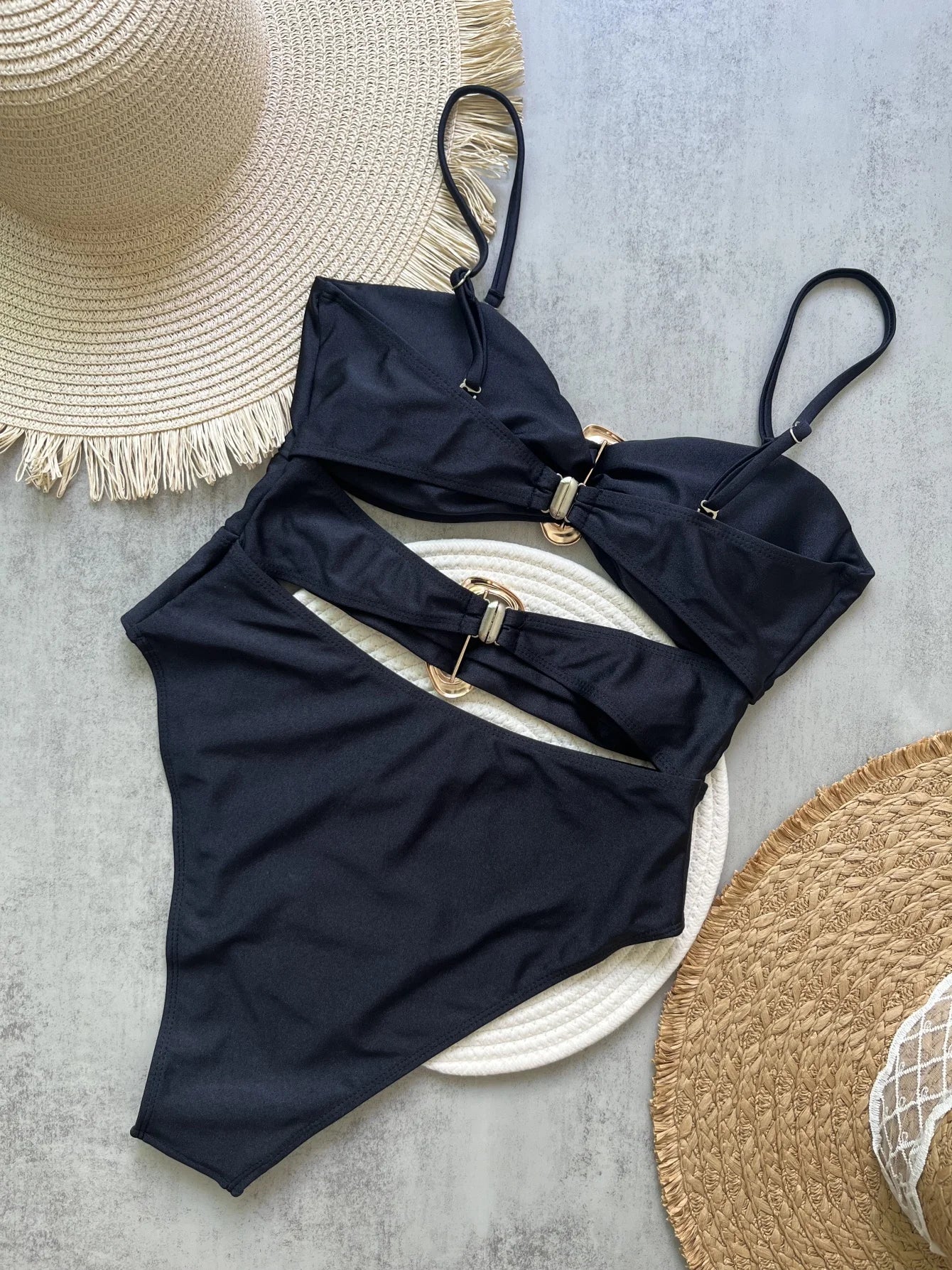 Metal Ring Cut-Out One-Piece Swimsuit