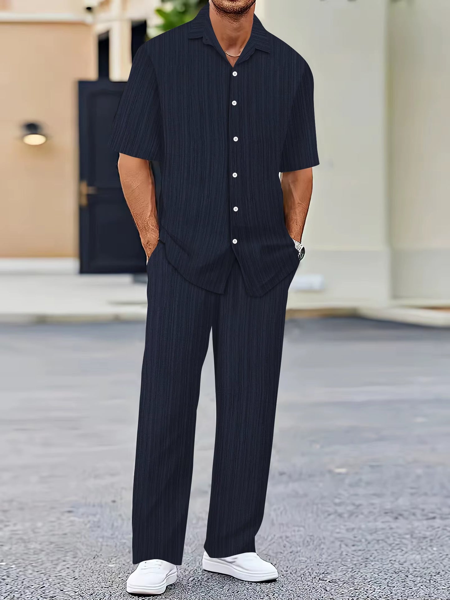 European and American Men'S Shirt Set Solid Color Vertical Strip Lapel Short-Sleeved Casual Pants Home Daily Beach Set