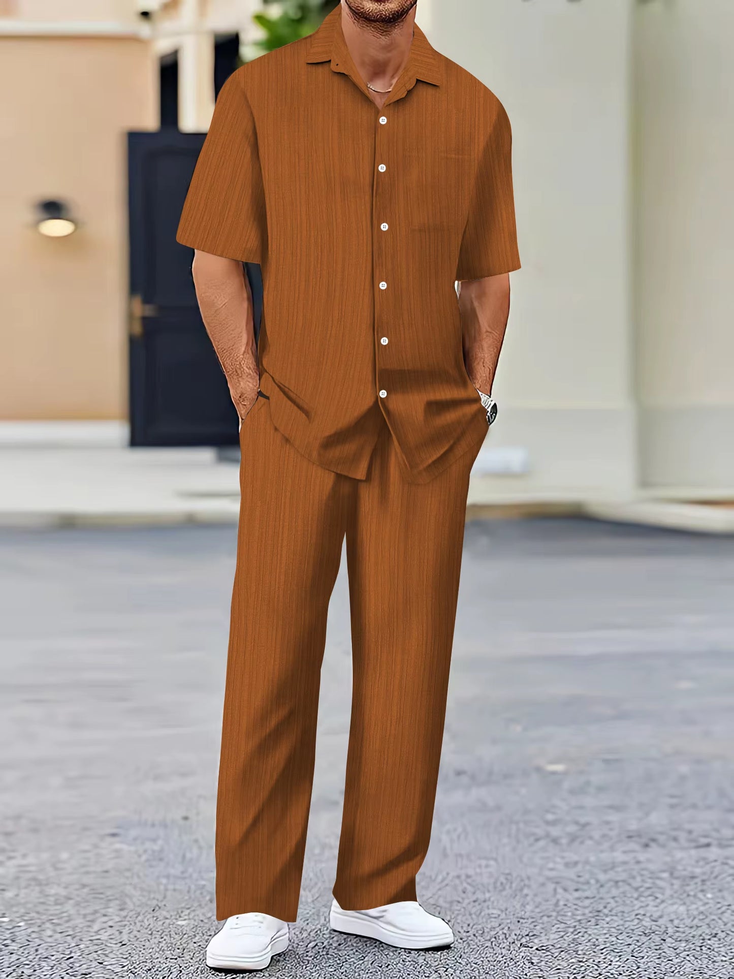 European and American Men'S Shirt Set Solid Color Vertical Strip Lapel Short-Sleeved Casual Pants Home Daily Beach Set