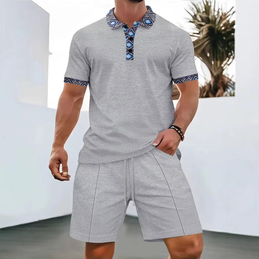 2025 Men Europe and the United States New Summer Waffle Solid Color Zip-Up Lapel Short-Sleeve Suit Shorts Two Sets
