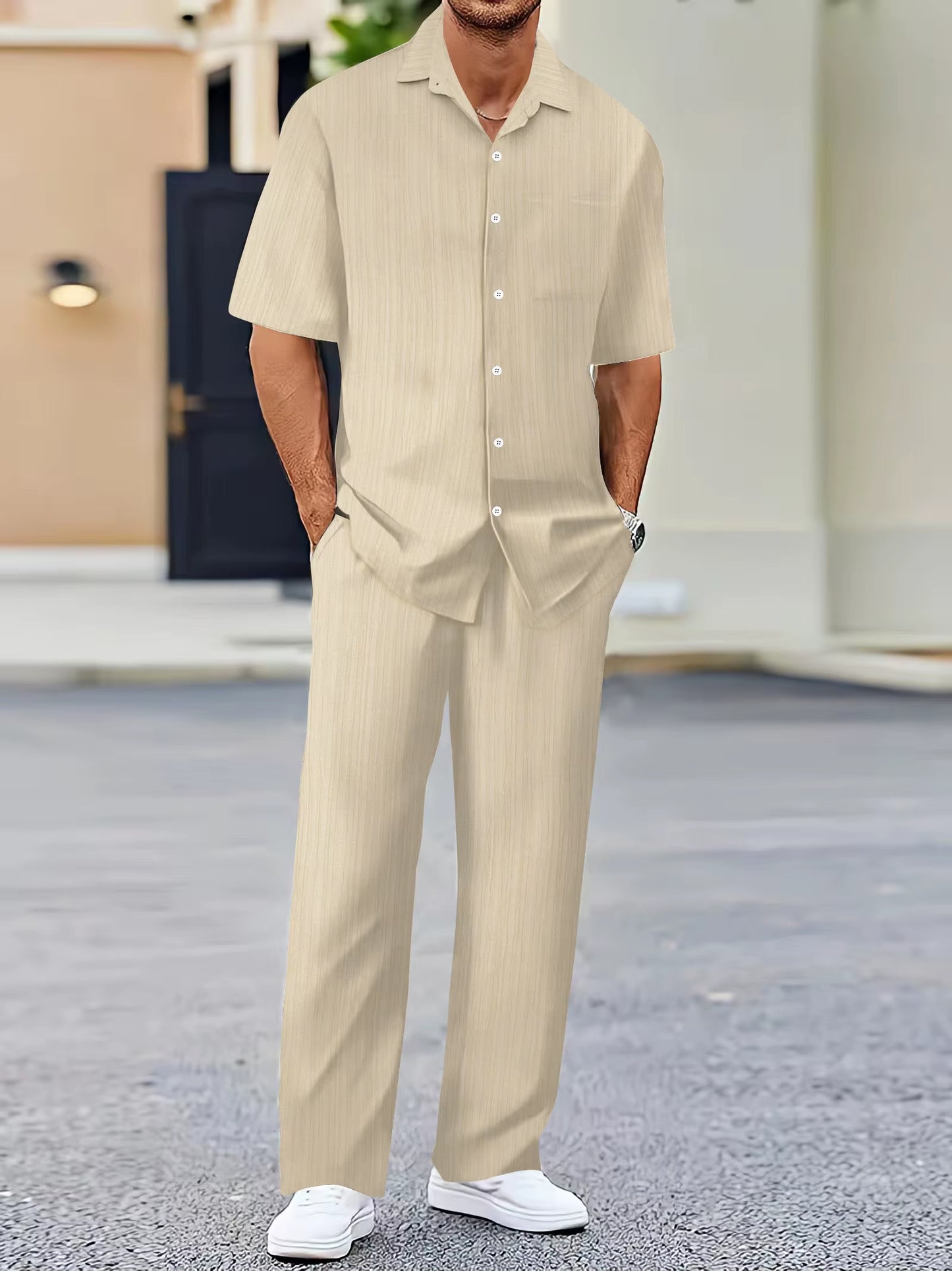 European and American Men'S Shirt Set Solid Color Vertical Strip Lapel Short-Sleeved Casual Pants Home Daily Beach Set