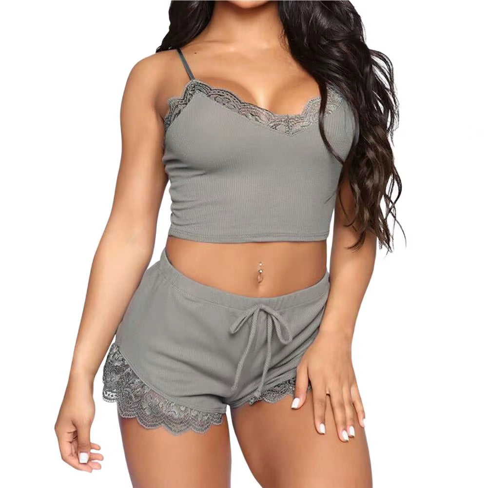 2 Pcs/Set Fabulous Sleeveless Lady Night Clothes Patchwork Women Pajamas Set Drawstring Lady Pajamas for Sleeping