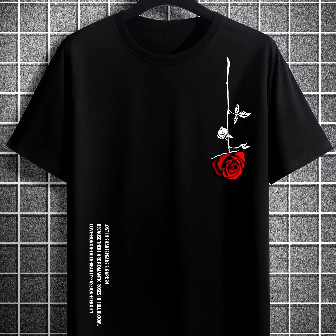 Men'S Summer Loose Size 100% Cotton Rose Print Casual Slim Fit round Neck Short Sleeve T-Shirt Top