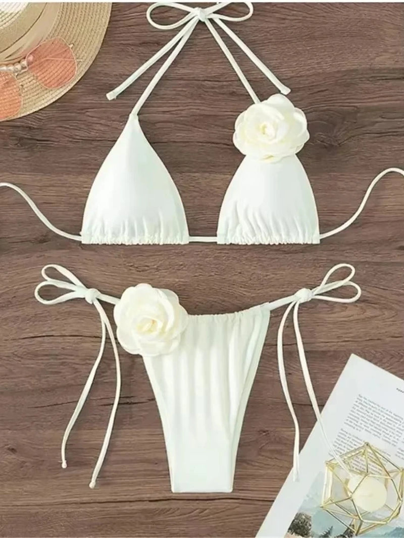 Sexy Flower Bandeau Swimwear Thong Bikini 2025 Women Lace-Up Swimsuits Swimming Bathing Suit Brazilian Bikinis Set Mujer Biquini