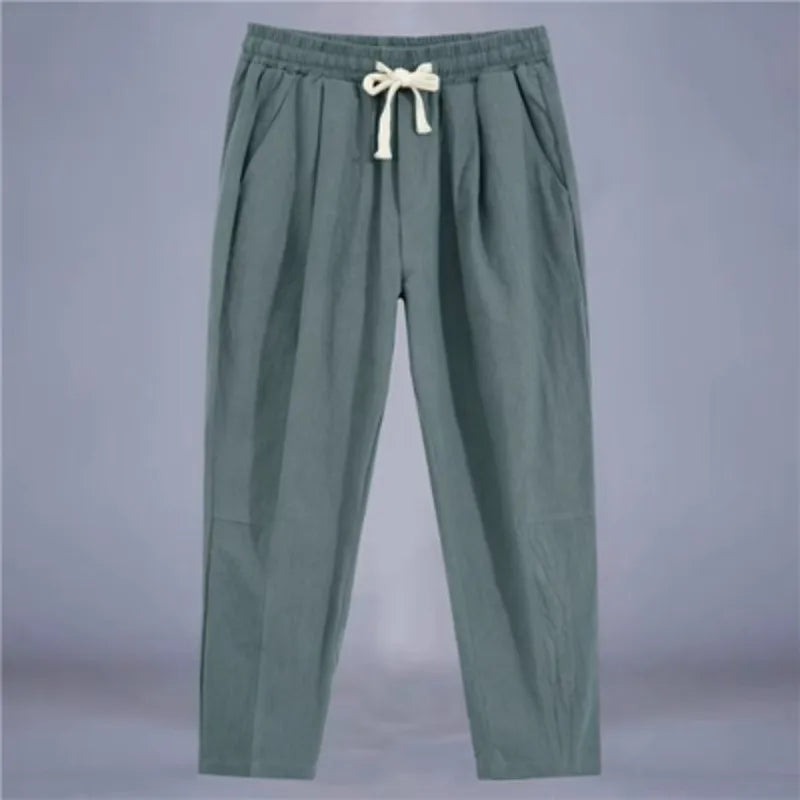 Men'S Trousers Cotton Linen Fashion Casual Pants Solid Color Breathable Loose Shorts Straight Drawstring Pants Streetwear Men