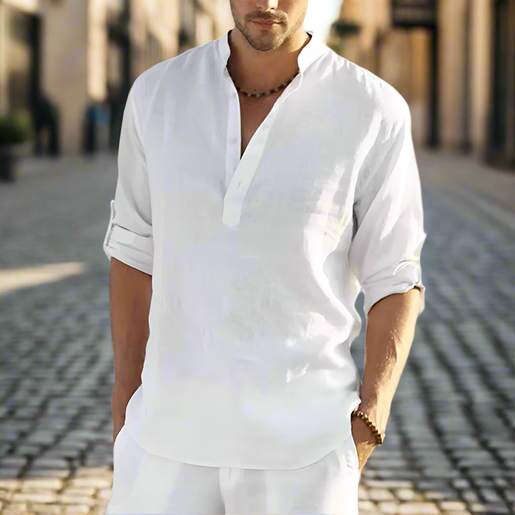 Cotton Linen Hot Sale Men Short-Sleeved Shirts Summer Solid Color Stand-Up Collar Casual Beach Style plus Size