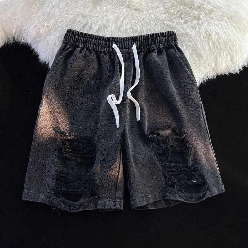 American New High Street Design Ripped Denim Men Shorts Ins Loose Straight Pants Elastic Waist Couple Mid-Pants