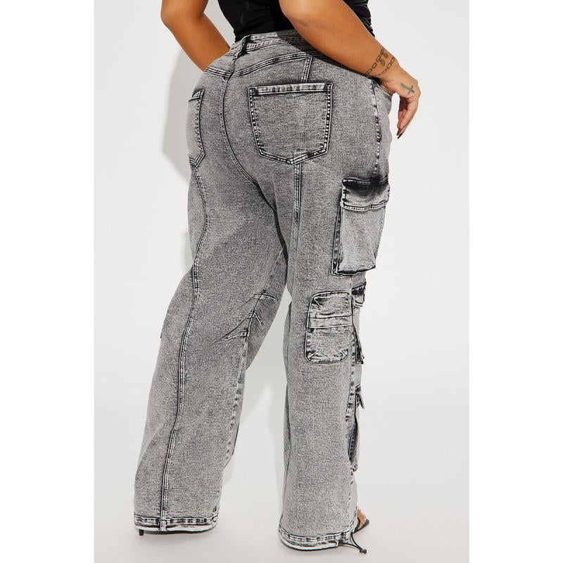 Fairfax High Rise Stretch Cargo Jeans - Acid Wash Grey