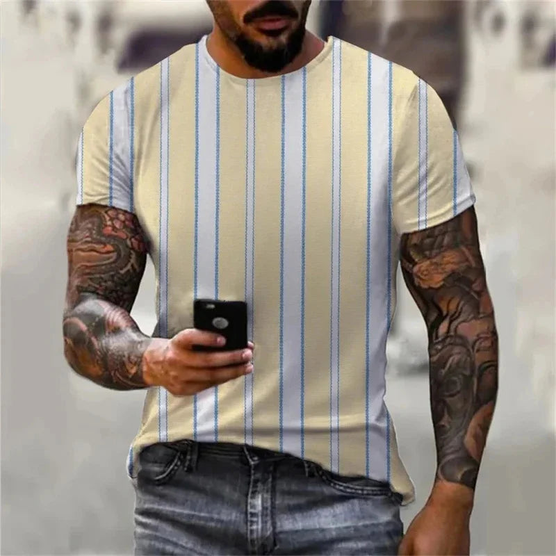Stripe Graphic T-Shirt for Men Color Block 3D Printed Tees Summer Casual O-Neck Tops Loose Sports Short Sleeve Street T Shirts
