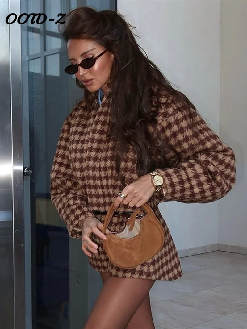 Zipper Jacket & High Waist Shorts - Women's Elegant Plaid Two Piece Set