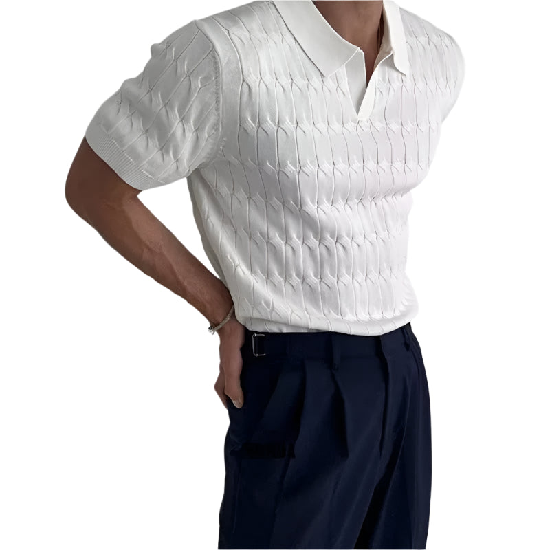 Casual Jacquard Knit Polo Shirt Men Fashion Solid Elastic Knitted Slim Tops Summer Vintage Short Sleeve Polo Tee Mens Streetwear