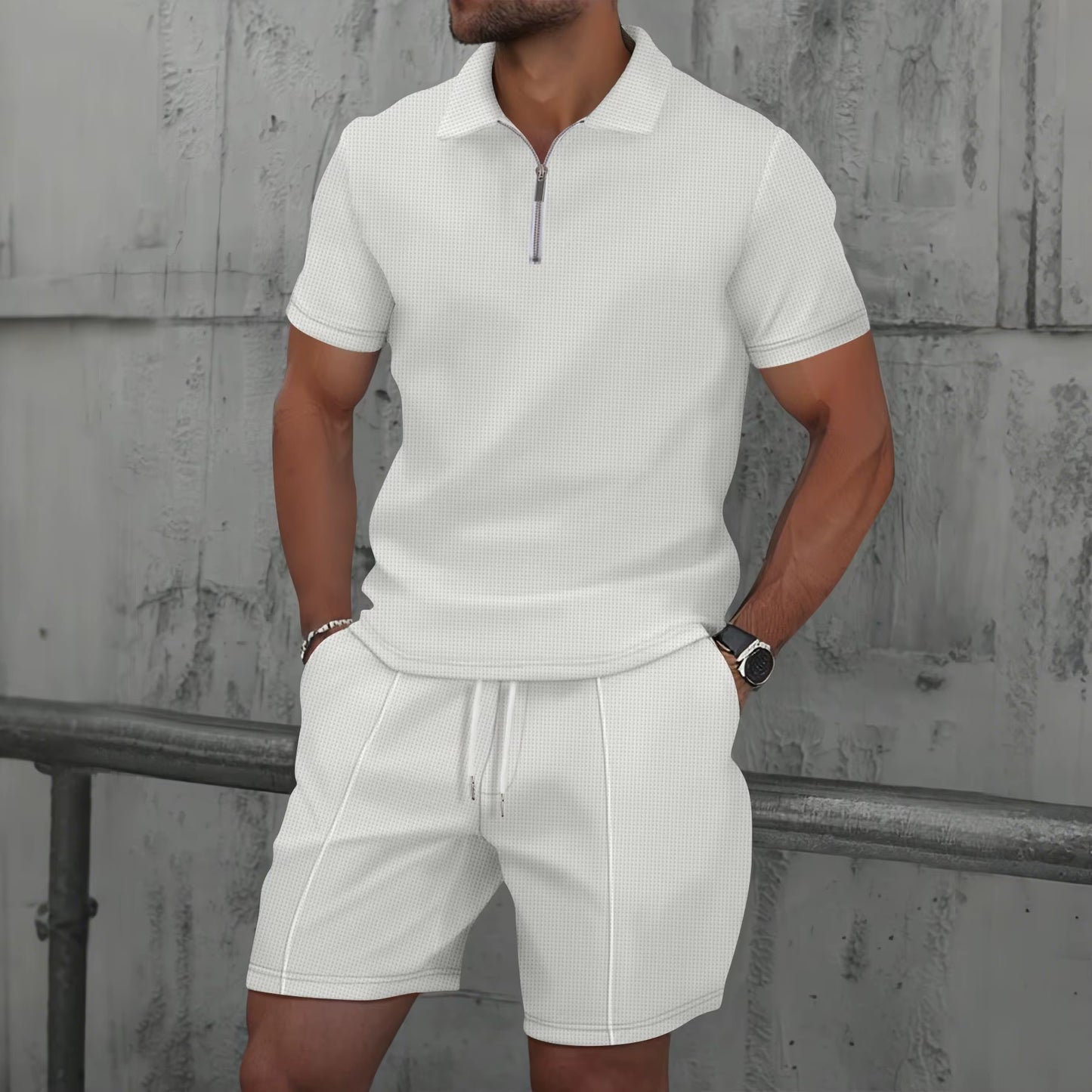 2025 Men Europe and the United States New Summer Waffle Solid Color Zip-Up Lapel Short-Sleeve Suit Shorts Two Sets