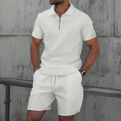 2025 Men Europe and the United States New Summer Waffle Solid Color Zip-Up Lapel Short-Sleeve Suit Shorts Two Sets