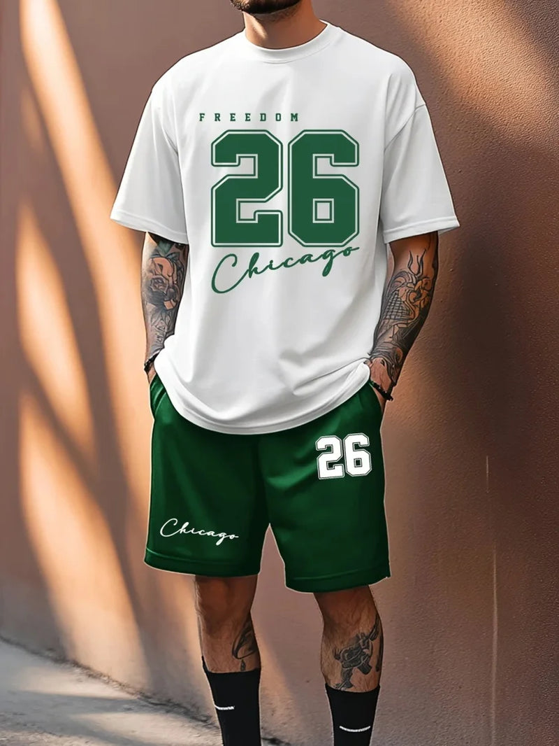 Summer Casual Crewneck Men'S Suit Unique Letters 26 Print Urban Fashion Street Short Sleeve Top and Shorts Two Pieces
