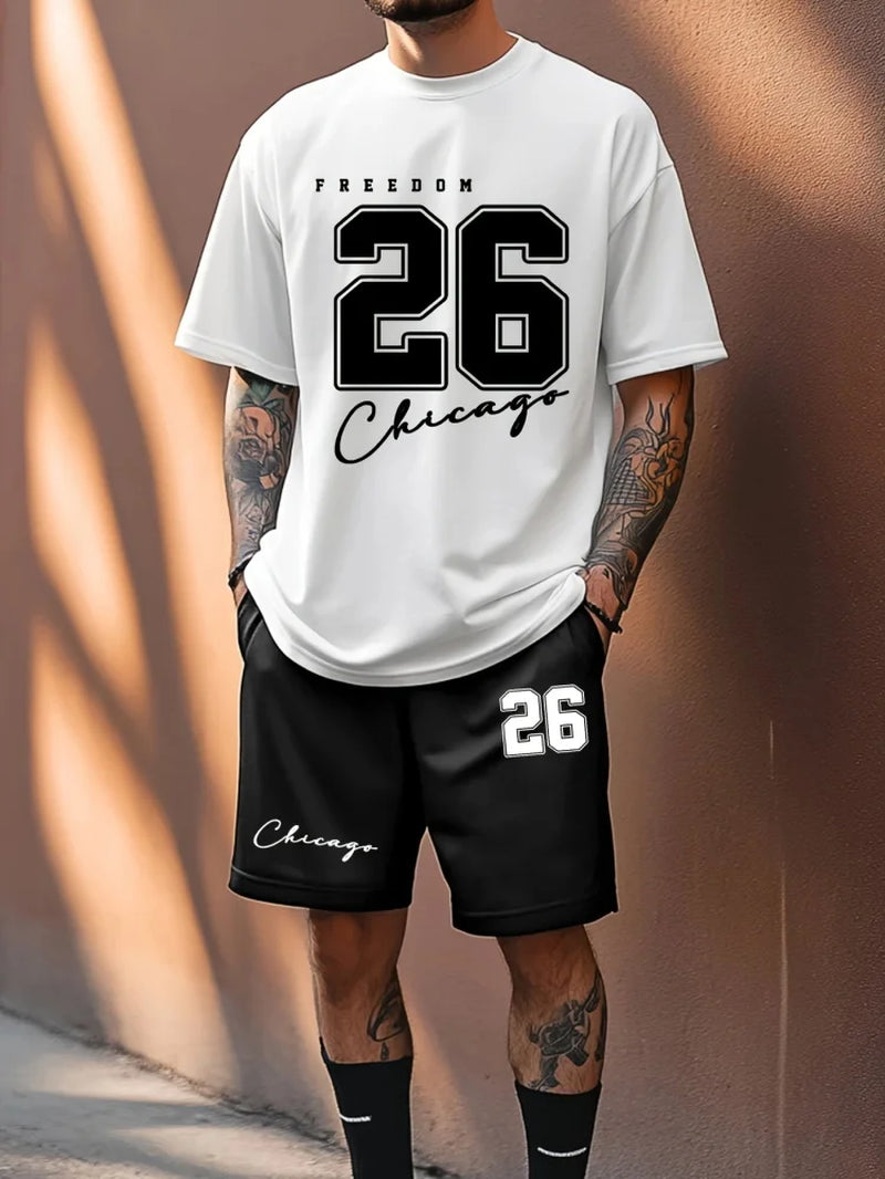 Summer Casual Crewneck Men'S Suit Unique Letters 26 Print Urban Fashion Street Short Sleeve Top and Shorts Two Pieces