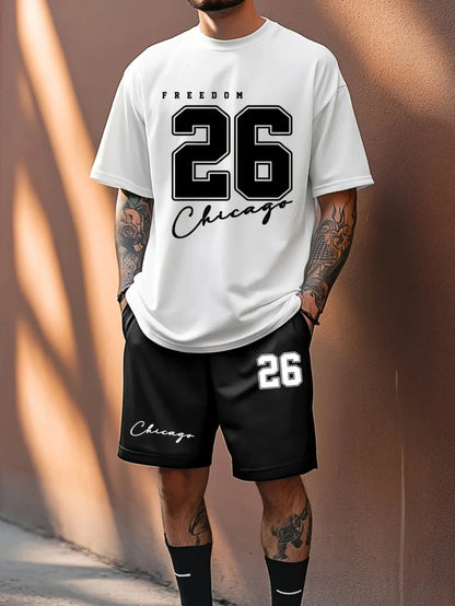 Summer Casual Crewneck Men'S Suit Unique Letters 26 Print Urban Fashion Street Short Sleeve Top and Shorts Two Pieces