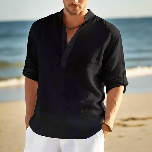 Cotton Linen Hot Sale Men Short-Sleeved Shirts Summer Solid Color Stand-Up Collar Casual Beach Style plus Size