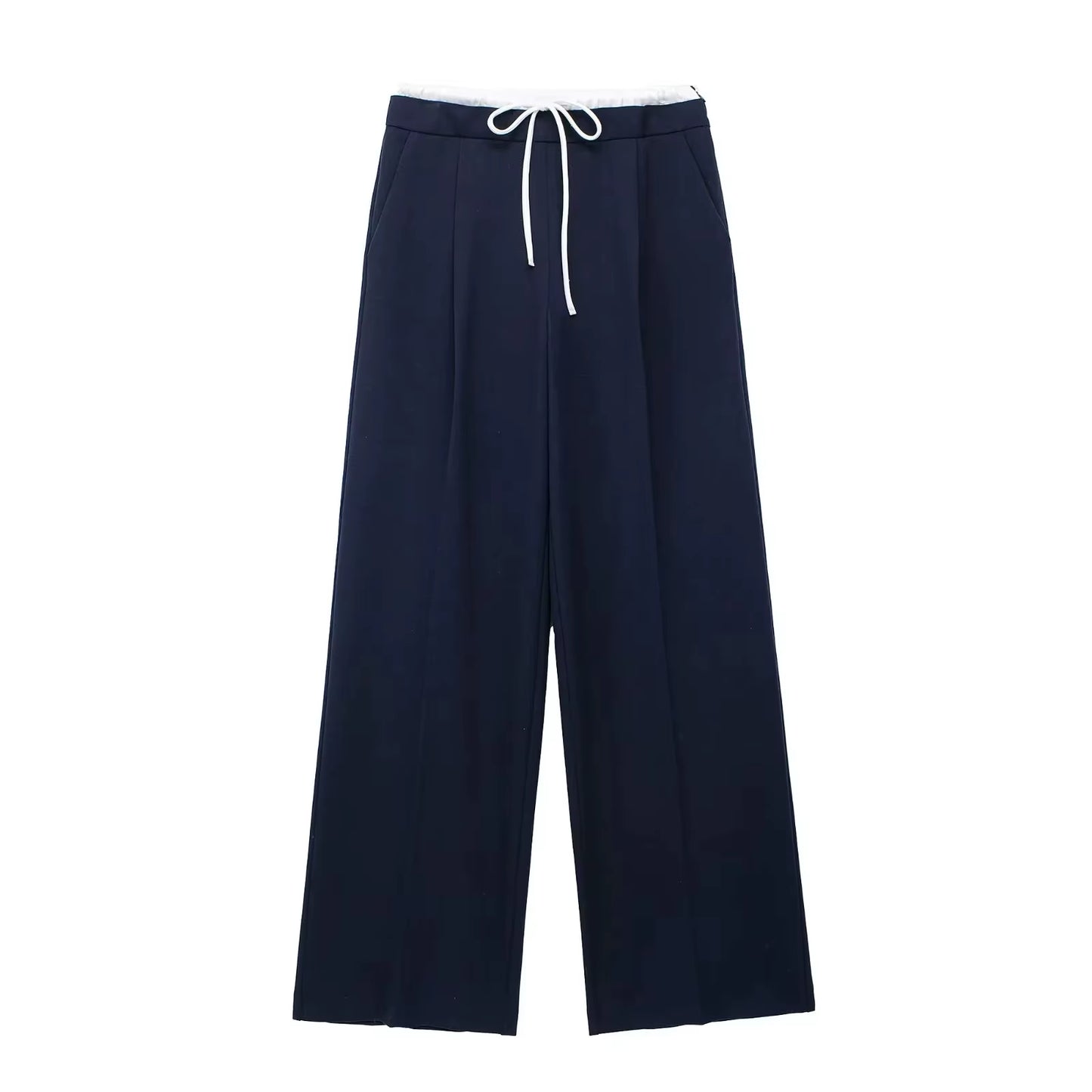 2024 Women Fashion Vintage Solid Straight Pants Side Zipper Drawstring Casual Trousers Spring New Female Wide Leg Pants