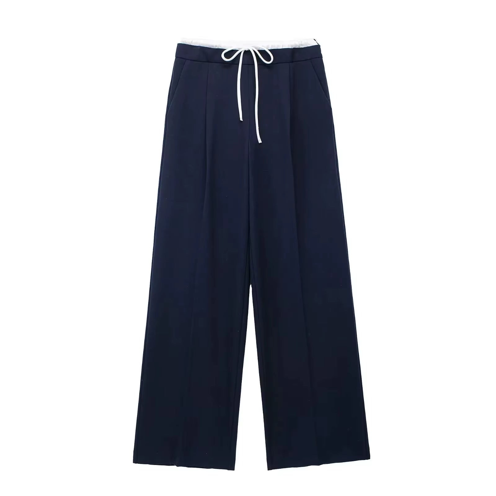 2024 Women Fashion Vintage Solid Straight Pants Side Zipper Drawstring Casual Trousers Spring New Female Wide Leg Pants