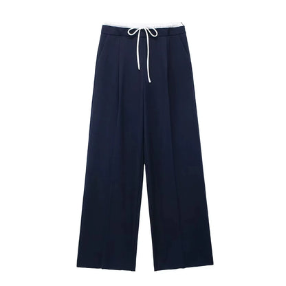 2024 Women Fashion Vintage Solid Straight Pants Side Zipper Drawstring Casual Trousers Spring New Female Wide Leg Pants