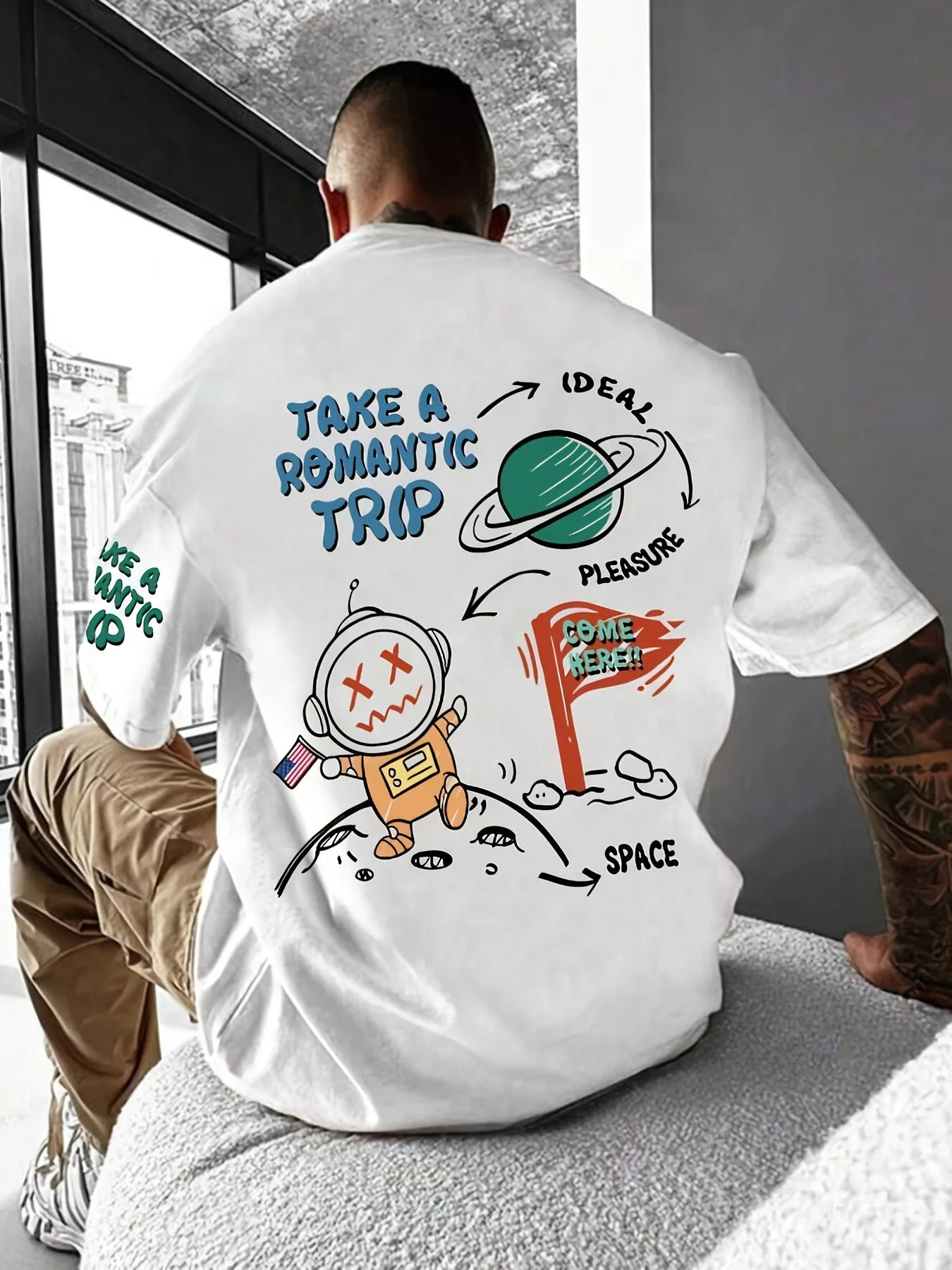 Men's Summer Cotton T-Shirt – Astronaut Cartoon Print, Loose Fit