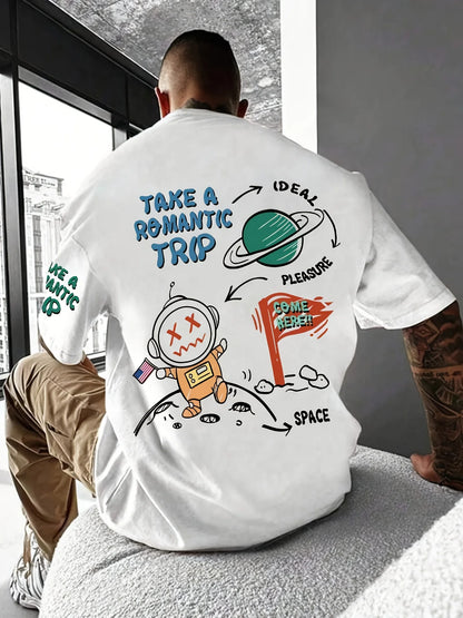 Men's Summer Cotton T-Shirt – Astronaut Cartoon Print, Loose Fit