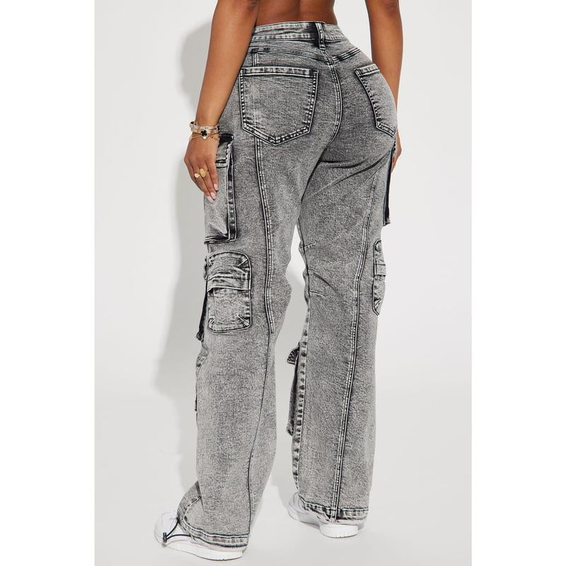 Fairfax High Rise Stretch Cargo Jeans - Acid Wash Grey