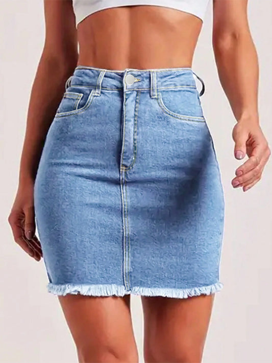 Slim Fit Raw Hem Denim Skirt