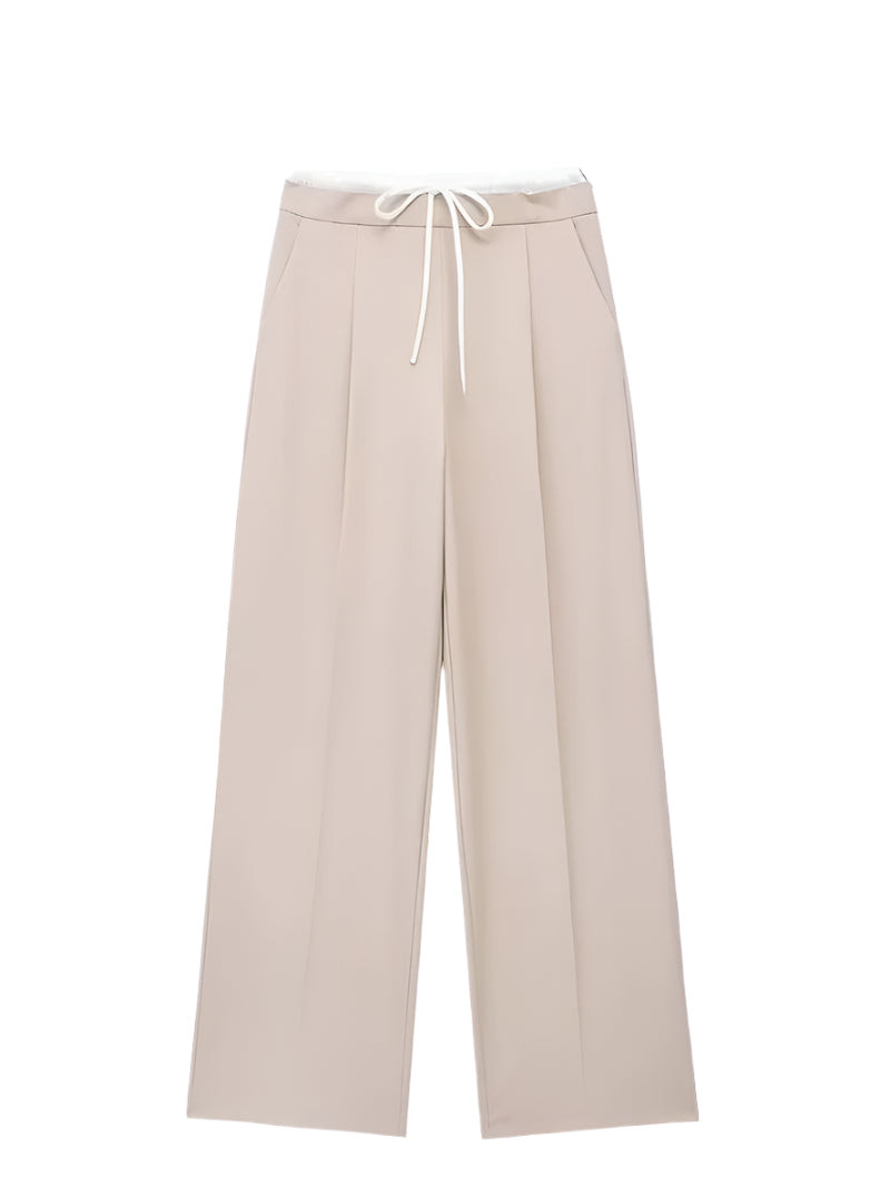 2024 Women Fashion Vintage Solid Straight Pants Side Zipper Drawstring Casual Trousers Spring New Female Wide Leg Pants