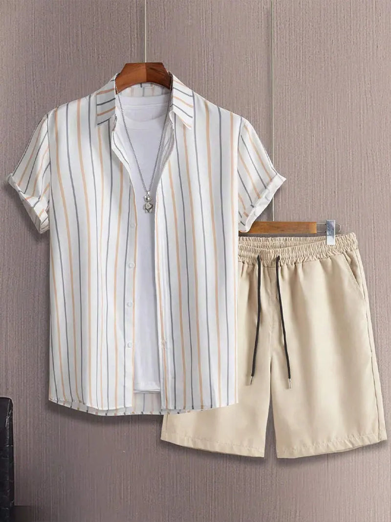 Casual Men's Summer Set – Striped Shirt & Hawaiian Beach Shorts