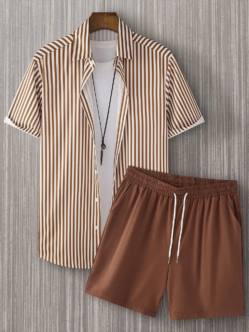 Casual Men's Summer Set – Striped Shirt & Hawaiian Beach Shorts